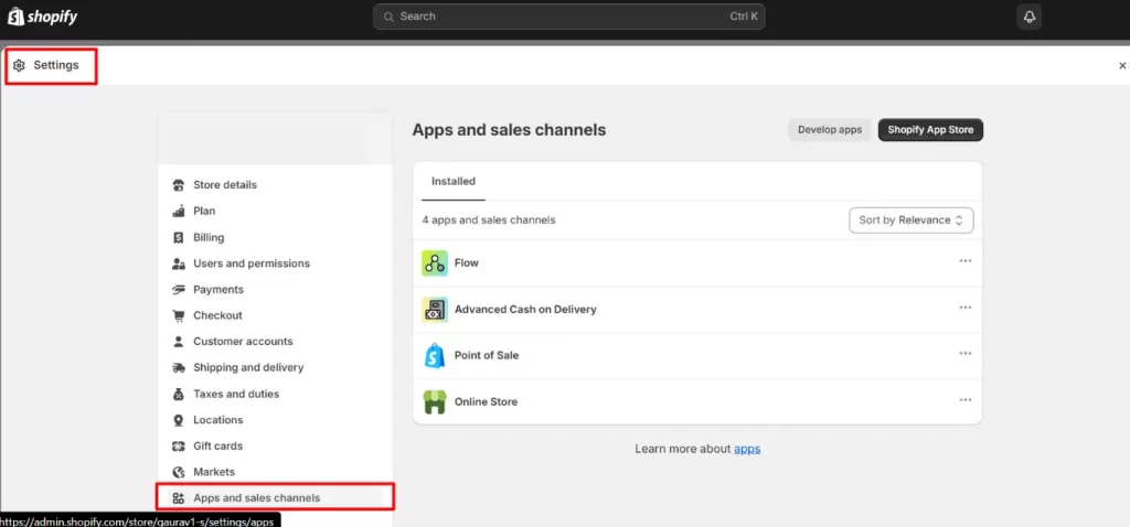 Open “Settings” and Click on “Apps and Sales Channel