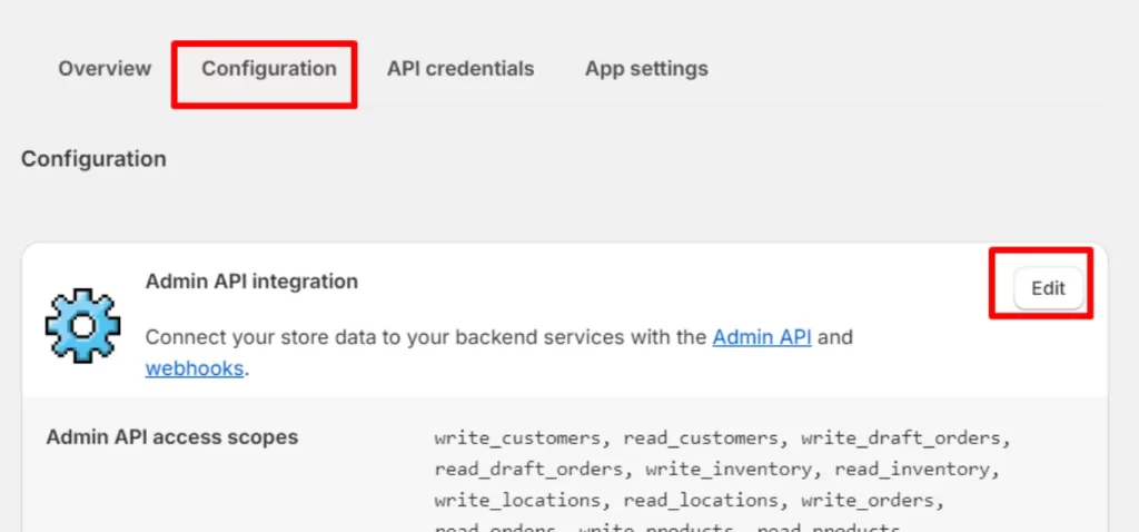 Click on configuration and edit the “Admin API Integration”