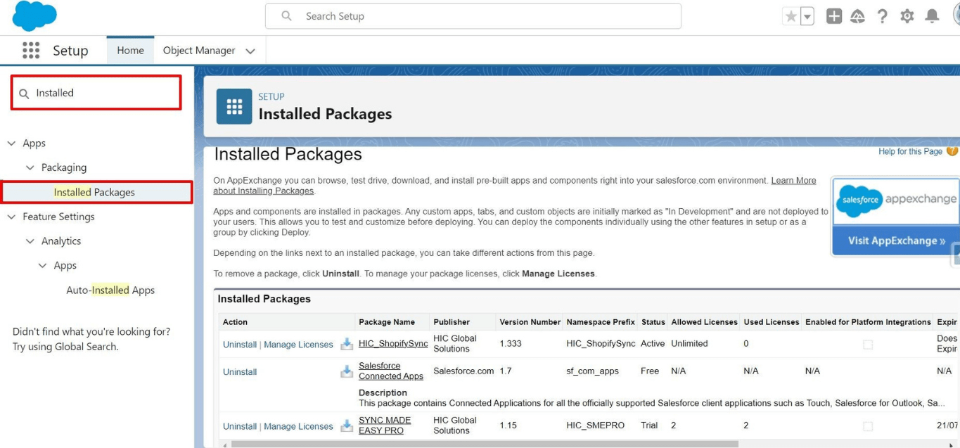 Step 2 - In the Quick Find box, search for “Installed Package” and open it