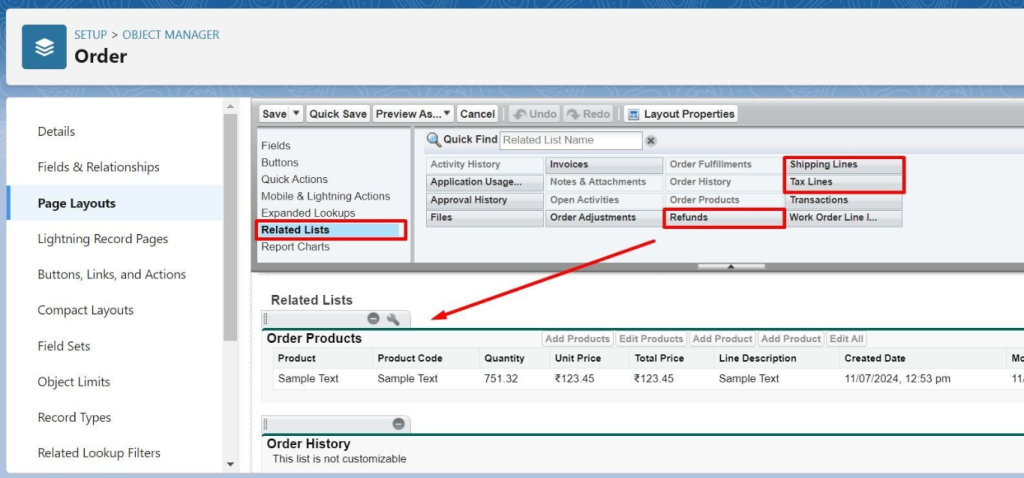 Step 5 - Click on Related Lists and add “Shipping Lines,” “Tax Lines,” and “Refund” as shown in the screenshot below